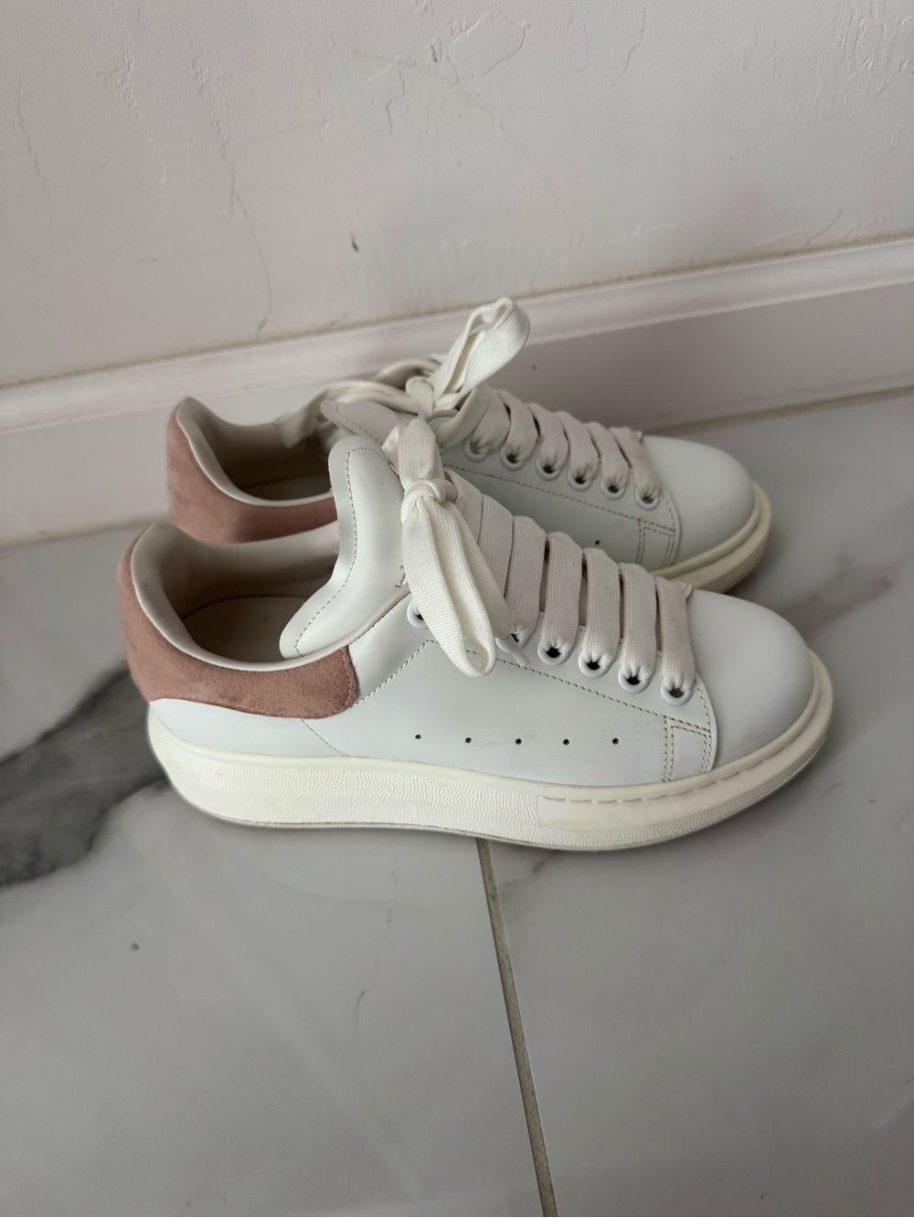 Alexander McQueen White Leather Sneakers with Blush Heel